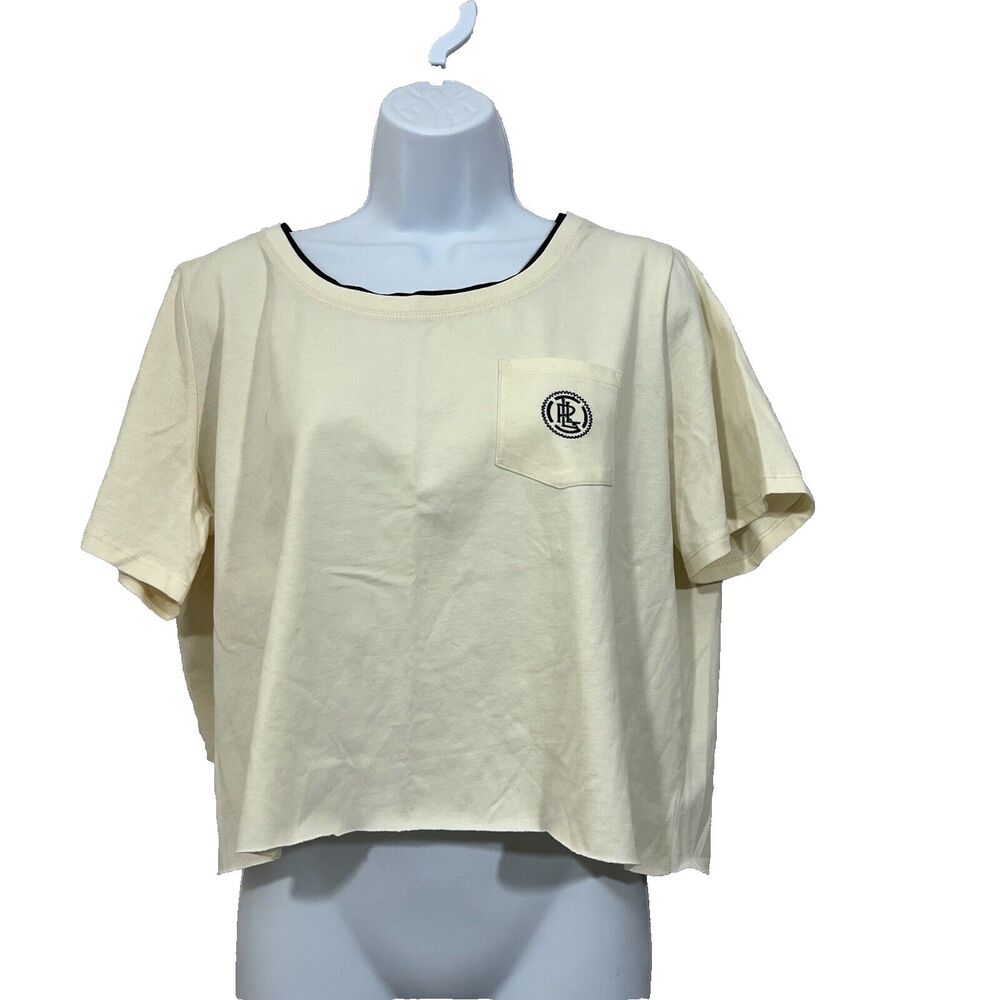 Lauren Active Ralph Lauren Crop Top Womens 1X Cream Cotton Raw Hem Pocket Logo T